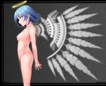  angel arms_behind_back black_background blue_hair blush breasts closed_mouth dated english eyebrows_visible_through_hair from_side frown green_eyes hair_between_eyes halo happa_(cloverppd) nipples nude number original own_hands_together short_hair small_breasts solo standing wings 