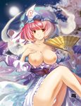  bare_shoulders breasts clothes_down fan folding_fan hat hitodama japanese_clothes kimono large_breasts legs nipples pink_hair red_eyes saigyouji_yuyuko short_hair signature sitting siukaukau24 smile solo touhou 