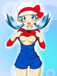  1girl areolae blue_eyes blue_hair blush breasts breasts_outside crystal crystal_(pokemon) earrings erect_nipples female framed_breasts happy hat hips jewelry kotone_(pokemon)_(cosplay) kris legs lyra marina nintendo nipples open_mouth overalls pokemon pokemon_(game) pokemon_gsc pokemon_hgss shiny shiny_skin shirt_lift shorts solo suspenders takappe tongue twintails undressing 