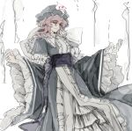  1girl center_frills chinese_commentary closed_mouth commentary_request dress feet_out_of_frame frilled_sleeves frills grey_dress grey_hat hair_between_eyes hat long_sleeves medium_hair mob_cap pink_hair purple_sash red_eyes saigyouji_yuyuko sash smile solo touhou triangular_headpiece w_arms wide_sleeves xian_qishui 
