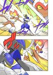  battle bisharp comic commentary_request fire gen_4_pokemon gen_5_pokemon highres infernape noel_(noel-gunso) pokemon pokemon_(creature) shiny_pokemon 