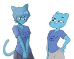  2017 5:4 5_fingers anthro blue_eyes blue_fur blue_hair breasts cartoon_network cat clothing digital_media_(artwork) duo embarrassed english_text eyelashes feline female fur hair hand_on_hip humanoid innuendo jegc mammal nicole_watterson parody pose raised_eyebrow shirt simple_background skirt standing text the_amazing_world_of_gumball whiskers white_background zeigram 