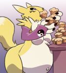 2024 anthro bandai_namco belly big_belly digimon digimon_(species) female food fur krystalvix muffin overweight renamon simple_background solo stuffing yellow_body yellow_fur