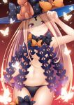  1girl abigail_williams_(fate/grand_order) arm_up bangs black_bow black_hat black_panties blonde_hair blush bow closed_mouth commentary_request fate/grand_order fate_(series) fingernails groin hat hat_bow head_tilt lifted_by_self long_hair maccha navel orange_bow panties panty_lift parted_bangs red_eyes revealing_clothes smile solo stuffed_animal stuffed_toy teddy_bear topless underwear very_long_hair witch_hat 