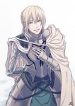  androgynous arm_behind_back armor bedivere blonde_hair blue_eyes bowing braid cape crown_braid eyebrows_visible_through_hair fate/grand_order fate/stay_night fate_(series) half-closed_eyes long_hair looking_at_viewer male_focus oui_lion signature simple_background smile solo white_cape 