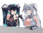  2girls accessories aqua_hair backless_bodysuit bare_shoulders black_bodysuit black_hair bodysuit breasts cinderella_(nikke) cleavage colored_inner_hair flower-shaped_hair folded_hair gloves goddess_of_victory:_nikke hair_intakes large_breasts little_mermaid_(nikke) long_hair mashibon multicolored_hair multiple_girls see-through_bodysuit see-through_cleavage see-through_clothes shiny_eyes twintails very_long_hair white_hair yellow_eyes 
