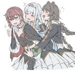  3girls :d ^_^ aiguillette ange_katrina animal_ears animal_hair_ornament armband black_cape black_gloves black_jacket black_shirt black_skirt black_sleeve_cuffs blue_armband blue_eyes blue_hair blue_nails blunt_bangs blush bow braid brown_hair cape closed_eyes colored_inner_hair commentary_request crossed_bangs cup_hair_ornament dog_ears earrings fang flat_chest front-to-back gem gloves gold_trim green_sleeve_cuffs hair_between_eyes hair_bow hair_intakes hair_ornament half_up_braid hand_on_another&#039;s_back highres inui_toko jacket jewelry layered_shirt layered_skirt lize_helesta long_hair long_sleeves low_twin_braids midriff multicolored_hair multiple_girls nail_polish natukirai030 nijisanji notice_lines open_mouth red_gemstone red_hair sanbaka_(nijisanji) sanbaka_anniversary_outfit shirt short_hair side_cape sidelocks silver_tiara simple_background skirt smile streaked_hair triangle_hair_ornament twin_braids two-tone_hair very_long_hair virtual_youtuber white_background white_bow white_hair white_shirt white_skirt 