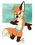  3_toes 4_fingers anthro briefs brown_fur canine clothing fox fur green_eyes male mammal orange_fur simple_background solo standing toes underwear white_fur xylious 