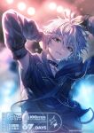  1boy armpits arms_up black_collar black_jacket black_sleeves blurry blurry_background chain collar copyright_name copyright_notice countdown dated detached_sleeves ensemble_stars! from_below green_eyes grey_hair hair_between_eyes hakuri hand_in_own_hair hand_on_own_head head_tilt hood hood_down hooded_jacket jacket jewelry light_particles long_sleeves looking_at_viewer looking_down male_focus natsu_kanna o-ring official_alternate_costume official_art parted_lips pendant_collar ring short_hair shoulder_strap sleeveless sleeveless_jacket solo spiked_collar spikes stage_lights sweat upper_body 
