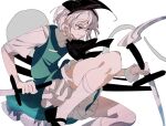  1girl black_hairband expressionless frills from_side green_eyes green_skirt green_vest hair_between_eyes hairband holding holding_sword holding_weapon katana konpaku_youmu konpaku_youmu_(ghost) medium_hair shirt short_sleeves skirt socks solo sword touhou vest weapon white_background white_hair white_shirt white_socks xian_qishui 