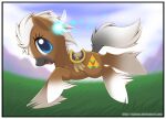 2012 blue_eyes border brown_body brown_fur carrot_print chibi cutie_mark duo epona_(tloz) equid equine fairy female feral fur grey_tail hasbro horse mammal mane my_little_pony navi nintendo nyaasu ocarina_of_time open_mouth plains ponification pony saddle sky tail text the_legend_of_zelda triforce triforce_symbol url white_border white_hands white_legs white_mane