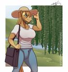  2017 anise anthro bag blonde_hair blue_eyes breasts bulge clothed clothing dickgirl equine freckles_(artist) fully_clothed hair hat horse intersex long_hair mammal smile solo 