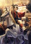  1boy absurdres black_eyes black_shorts black_vest boots brown_hair carousel full_body highres kneehighs looking_at_viewer male_focus momomo_906 original shirt short_hair shorts sitting socks solo vest white_shirt 