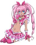  blue_eyes breasts brooch choker cure_melody eyebrows_visible_through_hair frilled_skirt frills hairband hand_under_clothes highres houjou_hibiki jewelry long_hair looking_at_viewer looking_to_the_side magical_girl midriff navel open_mouth pink_hair pink_skirt precure sena_monaco simple_background skirt small_breasts solo suite_precure tan tanline thighhighs twintails underboob white_background 