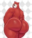 2023 anthro barazoku bear big_butt black_eyebrows black_nose butt charmin charmin_bear english_text eyebrows fur half-closed_eyes hi_res hunnipanda looking_back male mammal narrowed_eyes rear_view red_body red_fur simple_background small_ears small_tail smile solo standing tail text thick_thighs white_background