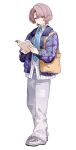  1girl androgynous arimura_mao artist_name bag blue_necktie book brown_hair buttons closed_mouth collared_jacket collared_shirt denim dot_nose full_body gakuen_idolmaster grey_eyes grey_pants hair_over_one_eye highres holding holding_book idolmaster jacket jeans light_blush light_smile long_sleeves migolu necktie open_book open_clothes open_jacket original pants parted_hair plaid_clothes plaid_sleeves puffy_long_sleeves puffy_sleeves purple_jacket reverse_trap shirt shoes short_hair shoulder_bag sidelocks simple_background solo standing striped_clothes striped_shirt torn_clothes torn_jeans torn_pants twitter_username untucked_shirt unzipped vertical-striped_clothes vertical-striped_shirt white_background white_shirt white_shoes wolf_cut yellow_bag 