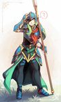  absurdres armor blue_armor breastplate fire_emblem fire_emblem:_akatsuki_no_megami fire_emblem:_souen_no_kiseki greaves green_eyes green_hair helm helmet highres holding holding_weapon long_hair looking_at_viewer nephenee pauldrons polearm solo spear thighhighs weapon 