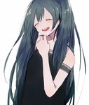  :d ^_^ bangs bare_shoulders black_dress blue_hair closed_eyes commentary_request dress eyebrows_visible_through_hair hand_up hatsune_miku long_hair open_mouth simple_background smile solo teeth twintails very_long_hair vocaloid white_background yukimori_nene 