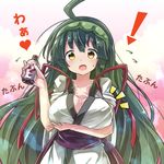  ahoge alternate_breast_size breast_expansion breast_hold breasts commentary_request green_hair green_hairband hairband highres large_breasts long_hair looking_at_viewer open_mouth ryogo smile solo tasuki touhoku_zunko translation_request very_long_hair voiceroid yellow_eyes 