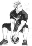  1boy alt_text ball bokuto_koutarou closed_mouth commentary english_commentary greyscale haikyuu!! highres holding holding_ball looking_to_the_side male_focus monochrome multicolored_hair muscular muscular_male shirt shoelaces shoes short_hair short_sleeves shorts sitting sneakers socks solo speech_bubble spiked_hair sportswear sweat tel_(iimalet_down) twitter_username unfinished volleyball volleyball_uniform white_background 
