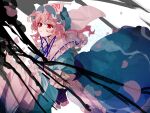  1girl blue_hat blue_kimono blue_ribbon closed_mouth frilled_hat frills hair_between_eyes hat japanese_clothes kimono light_frown long_sleeves medium_hair mob_cap neck_ribbon pink_hair red_eyes ribbon ribbon-trimmed_collar ribbon_trim saigyouji_yuyuko solo touhou triangular_headpiece xian_qishui 