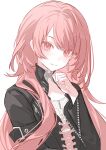  1girl absurdres arknights arm_up black_jacket earrings highres jacket jewelry lemuen_(arknights) long_hair looking_at_viewer open_clothes open_jacket pingdiguo pink_eyes pink_hair shirt single_earring solo unzipped upper_body white_background white_shirt zipper 