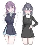  1girl aged_down ahoge black_hair black_jacket black_skirt blue_overskirt blue_ribbon blue_skirt blue_vest blush braid breasts butterfly_hair_ornament commentary_request cosplay costume_switch cropped_legs ear_piercing gakuen_idolmaster gokugetsu_academy_school_uniform hair_ornament hand_on_own_hip hatsuboshi_gakuen_school_uniform head_tilt highres idolmaster jacket kaya_rinha kotatuneko15 large_breasts long_hair long_sleeves looking_at_viewer mole mole_on_neck multiple_views neck_ribbon piercing pleated_skirt purple_eyes purple_hair ribbon school_uniform shirt skirt skirt_set small_breasts sweat sweatdrop thighs twintails twirling_hair vest white_shirt 