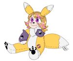 anthro bandai_namco blonde_hair canid canine clothing digimon digimon_(species) female fox fur gloves hair handwear mammal markings pawpads paws pink_eyes plushie rena renamon solo sourmagic stitch_(sewing) stuffing transformation white_body white_fur yellow_body yellow_fur