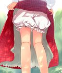  bare_legs bloomers close-up flan_(harry_mackenzie) from_behind kazami_yuuka kneepits lifted_by_self long_sleeves lower_body outdoors plaid plaid_skirt red_skirt skirt skirt_lift solo touhou underwear 