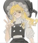  1girl ;) ahoge black_skirt black_vest blonde_hair bow braid closed_mouth frilled_hat frills hair_bow hand_up hat kirisame_marisa long_hair one_eye_closed puffy_short_sleeves puffy_sleeves shirt short_sleeves side_braid simple_background single_braid skirt smile solo touhou upper_body vest white_background white_bow white_shirt witch_hat xian_qishui 