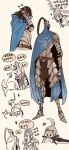  1girl 2boys armor artorias_the_abysswalker belt black_hair blue_cape blush brown_belt cape chinese_text commentary dark_souls_(series) dark_souls_i dragon_slayer_ornstein from_side full_armor full_body great_grey_wolf_sif hands_in_hair heart holding holding_sword holding_weapon long_hair lord&#039;s_blade_ciaran multiple_boys partially_colored patting simple_background speech_bubble sword sword_in_mouth symbol-only_commentary translation_request tworain_w upper_body weapon white_background wolf 