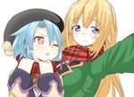  ahoge bad_id bad_twitter_id blonde_hair blue_eyes blue_hair blush breasts highres large_breasts long_hair looking_at_viewer multiple_girls neptune_(series) niwaka_potato one_eye_closed power_symbol red_eyes red_scarf scarf shared_scarf short_hair_with_long_locks sidelocks smile symbol-shaped_pupils vert white_heart winter_clothes 