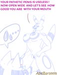  abobarseem_(artist) balls big_breasts black_nipples blush breasts domination eeveelution embarrassed female female_domination humiliation lucario nintendo nipples penis pok&eacute;mon pussy shy small_penis sweat text tongue tongue_out umbreon video_games watermark 