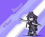  akatsuki_(kantai_collection) archery arrow boots bow_(weapon) character_name cross-laced_footwear dungeons_and_dragons eyepatch glint grey_footwear grey_hat grey_legwear hat hat_feather highres holding holding_bow_(weapon) holding_weapon kantai_collection lace-up_boots long_hair looking_at_viewer mini_hat one_knee open_mouth purple_eyes purple_hair quiver ranger raythalosm thigh_boots thighhighs twitter_username very_long_hair wavy_mouth weapon 