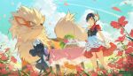  arcanine basket black_hair blue_eyes blue_sky fangs field flower flower_field gothorita hair_flower hair_ornament hand_on_own_chest highres marley_(palentine&#039;s_2025)_(pokemon) marley_(pokemon) official_alternate_costume outdoors petals pokemon pokemon_(creature) pokemon_masters_ex shaymin shaymin_(land) short_hair sky standing table w_(wwukuai) watermark 