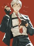  1boy alternate_costume belt belt_buckle black_belt black_gloves black_hair black_pants black_suit buckle chest_harness collared_shirt commentary cowboy_shot english_commentary gloves grey_hair haikyuu!! hair_between_eyes hand_on_own_chest harness highres holding holding_walkie-talkie jacket kita_shinsuke layered_sleeves long_sleeves looking_to_the_side male_focus multicolored_hair necktie open_clothes open_jacket open_mouth orange_eyes pants red_background red_necktie shirt shirt_tucked_in sideways_glance solo suit suit_jacket teeth tel_(iimalet_down) twitter_username two-tone_hair walkie-talkie white_shirt 