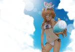  &gt;_&lt; ;) bikini black_ribbon blue_eyes blue_sky blush breasts can choker cloud day hand_on_own_thigh highres houjou_hibiki hummy_(suite_precure) long_hair looking_at_viewer navel one_eye_closed orange_hair outdoors precure ribbon ribbon_choker sakura_kotetsu side-tie_bikini sky small_breasts smile standing suite_precure swimsuit tan tanline 