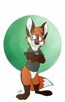  3_toes 4_fingers anthro bottomless brown_fur canine clothed clothing eyewear fox fur glasses mammal orange_fur shirt simple_background standing t-shirt toes white_fur xylious 