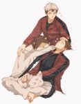  2boys :3 arrow_(symbol) barefoot black_hair blush brown_hair closed_eyes closed_mouth commentary english_commentary full_body grey_hair haikyuu!! hand_on_another&#039;s_head hand_on_own_knee highres indian_style jacket kita_shinsuke long_sleeves male_focus multicolored_hair multiple_boys on_lap pants simple_background sitting smile striped_clothes striped_jacket striped_pants stuffed_animal stuffed_toy suna_rintarou tel_(iimalet_down) twitter_username two-tone_hair vertical-striped_clothes vertical-striped_jacket vertical-striped_pants white_background yaoi 
