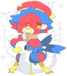 ambiguous_gender anthro arousal_meaning_enjoyment aroused aroused_face avian barefoot beak bird blue_body blue_feathers blush bodily_fluids chest_tuft clothing desperation feathers feet genital_fluids headgear headwear heart_symbol hi_res holding_handles holding_object leaking living_toilet mothdayo multicolored_body object_in_mouth one_eye_closed overflowing_toilet pacifier pacifier_in_mouth pee_desperation peeing peeing_into_toilet potty potty_time red_body red_feathers sat_on shaking simple_background sitting sitting_on_potty sitting_on_toilet solo spill spilled_liquid steam sweat tail tail_feathers toilet training_potty trembling tuft urine urine_on_ground urine_stream yellow_eyes