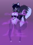 anthro aphrodisiac aphrodisiac_breath aphrodisiac_gas black_sclera breasts digital_media_(artwork) dipstick_tail exhaling_smoke female genitals hair hi_res looking_at_viewer mammal markings mephitid nipples pheromones pink_smoke purple_eyes purple_nipples purple_pussy purple_smoke pussy riverroo shaded skunk smoke smug solo standing tail tail_markings violet_(riverroo)