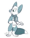 3_toes 4_fingers blue_fur blue_nose canine digitigrade fox fur green_eyes male mammal scarf simple_background solo toes white_fur xylious 