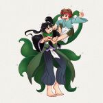  2others adagumo_no_yaorochi androgynous angry annoyed apron barefoot black_hair black_kimono black_sleeves blue_hakama blue_kimono blue_sleeves blunt_bangs brown_hakama brown_helmet cheek_pull chikafumikou clenched_hand detached_sleeves double-parted_bangs eyelashes feet fighting fingernails floating_hair floral_print frilled_apron frills frown full_body furrowed_brow green_jacket green_scarf grey_background grey_eyes hair_ornament hair_scrunchie hakama hakama_pants hakama_short_skirt hakama_skirt height_difference helmet high_side_ponytail jacket japanese_clothes jinbaori jinbei_(clothes) katano_sukune kimono len'en long_hair long_sleeves looking_at_another lower_teeth_only midriff_peek motion_lines multiple_others multiple_tails one_eye_closed open_mouth other_focus pants pom_pom_(clothes) prehensile_tail red_eyes red_hair red_scarf scarf scrunchie short_kimono simple_background skirt snake_tail standing standing_on_shoulder tail teeth toenails toes tongue waist_apron white_apron white_scrunchie wide_sleeves 