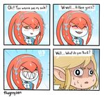  1girl blush english fins fish_girl grin hair_ornament jewelry link long_hair mipha monster_girl multicolored multicolored_skin nervous no_eyebrows red_hair red_skin sharp_teeth smile sweat sweating_profusely teeth the_legend_of_zelda the_legend_of_zelda:_breath_of_the_wild yellow_eyes zora 