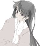  1girl black_hair bow bowtie closed_mouth frilled_sleeves frills hand_up houraisan_kaguya long_hair long_sleeves no_sclera pink_shirt purple_eyes shirt simple_background sleeves_past_fingers sleeves_past_wrists smile solo touhou upper_body white_background white_bow white_bowtie wide_sleeves xian_qishui 