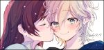  2girls amane_(7783) anastasia_(idolmaster) blue_eyes blue_shirt blush brown_hair character_request closed_eyes closed_mouth commentary_request dated happy_birthday idolmaster idolmaster_cinderella_girls kiss kissing_cheek long_hair multiple_girls nitta_minami shirt simple_background smile white_background yuri 