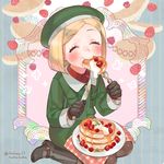  blonde_hair blush boots closed_eyes commentary_request eating fate/grand_order fate_(series) food fork gloves hat knife pancake paul_bunyan_(fate/grand_order) sara_(kurome1127) short_hair 