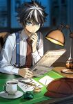  1boy black_hair blue_background blue_eyes blurry blurry_background brown_hat brown_necktie cabbie_hat chair charlemagne_(disguise_costume)_(fate) charlemagne_(fate) closed_mouth collared_shirt cup desk desk_lamp drink envelope fate/grand_order fate_(series) frown game_cg hair_between_eyes hand_on_own_chin hand_rest hand_up hat holding holding_newspaper indoors inkwell lamp long_sleeves male_focus multicolored_hair necktie newspaper nib_pen_(object) official_art paper pen saucer shirt sitting sleeve_cuffs solo spiked_hair steam streaked_hair suspenders thinking third-party_source two-tone_hair unworn_hat unworn_headwear upper_body wada_arco white_hair white_shirt wing_collar 