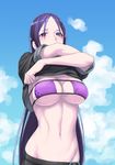  bangs bikini black_shirt black_skirt blue_sky blush breasts cleavage clothes_lift cloud cloudy_sky covered_mouth day eyepatch_bikini fate/grand_order fate_(series) groin hands_up large_breasts lifted_by_self long_hair looking_at_viewer minamoto_no_raikou_(fate/grand_order) minamoto_no_raikou_(swimsuit_lancer)_(fate) nakuta navel outdoors parted_bangs pleated_skirt purple_bikini purple_bikini_top purple_eyes purple_hair shirt shirt_lift short_sleeves skirt sky solo standing stomach strap_gap strapless strapless_bikini string_bikini swimsuit underboob undressing upper_body very_long_hair 