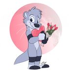  3_toes 4_fingers anthro blue_eyes flower fur grey_fur looking_at_viewer male mammal mustelid otter plant simple_background solo standing toes whiskers xylious 